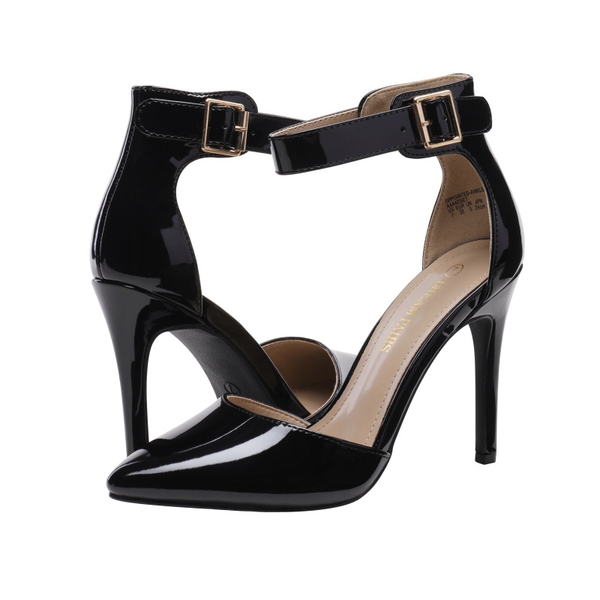 Pointed Toe Ankle Strap Stiletto Pumps - BLACK PAT - 4